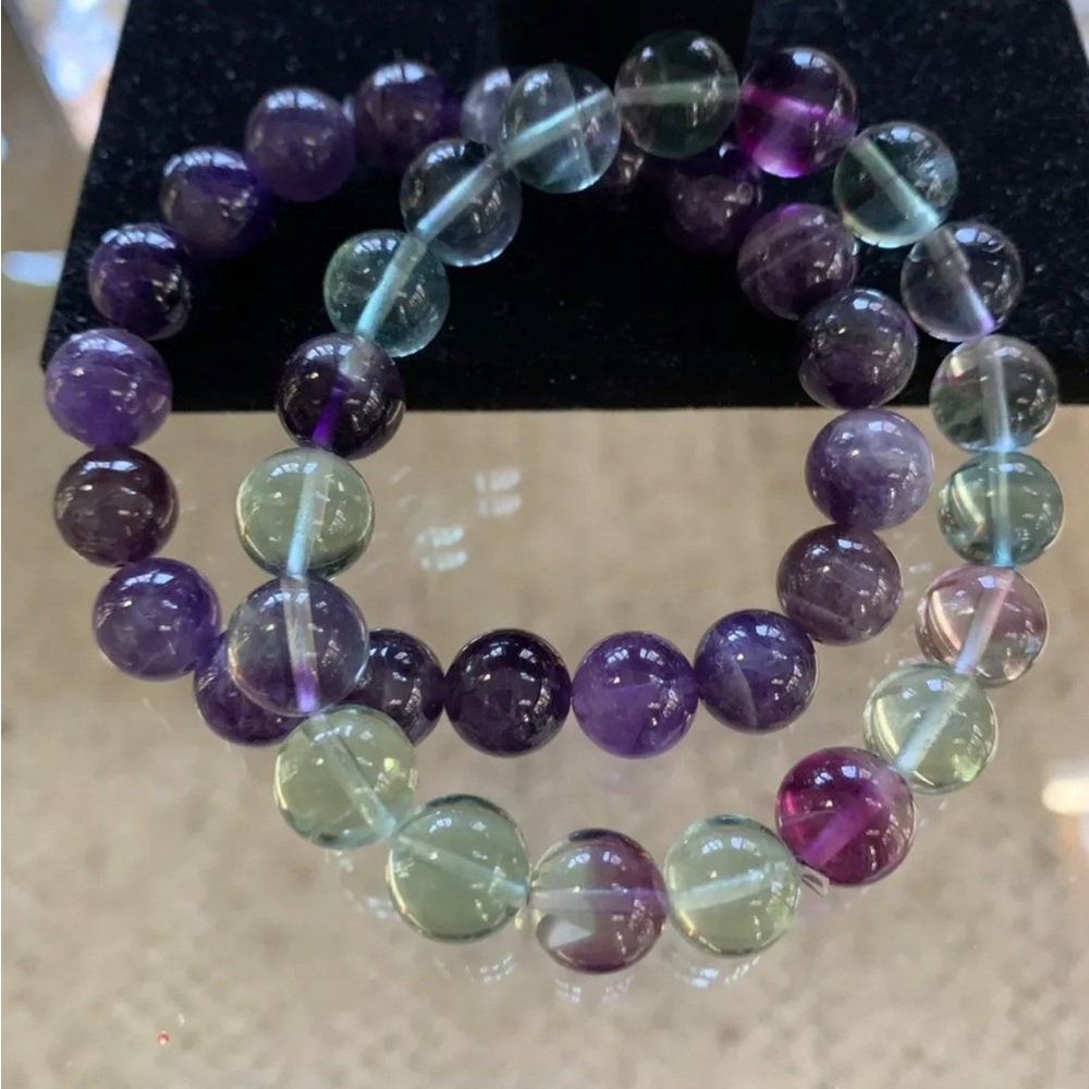 Amethyst & rainbow Fluorite Luxe Stretchy Bracelet set of 2 By Hespera
